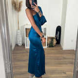 ROBE SATIN ASYMETRIQUE BLEU ALIX - La Petite Somptueuse