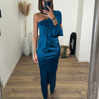 ROBE SATIN ASYMETRIQUE BLEU ALIX - La Petite Somptueuse