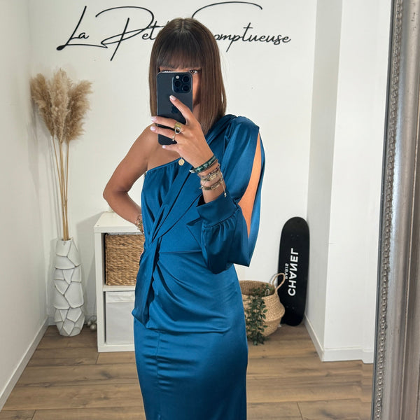 ROBE SATIN ASYMETRIQUE BLEU ALIX - La Petite Somptueuse