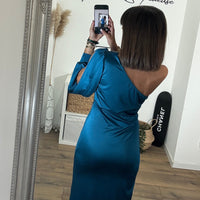 ROBE SATIN ASYMETRIQUE BLEU ALIX - La Petite Somptueuse