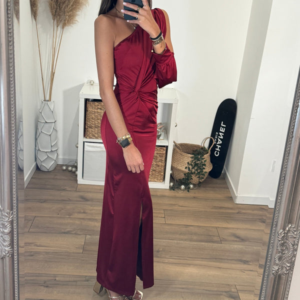 ROBE SATIN ASYMETRIQUE BORDEAUX ALIX - La Petite Somptueuse