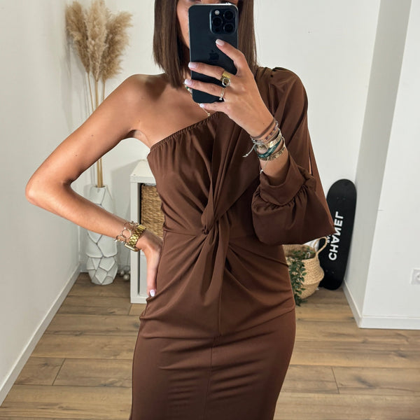 ROBE SATIN ASYMETRIQUE CAMEL ALIX