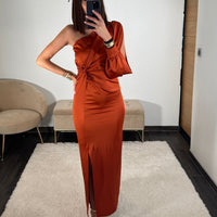 ROBE SATIN ASYMETRIQUE TERRACOTTA ALIX - La Petite Somptueuse