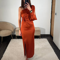 ROBE SATIN ASYMETRIQUE TERRACOTTA ALIX - La Petite Somptueuse