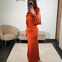 ROBE SATIN ASYMETRIQUE TERRACOTTA ALIX - La Petite Somptueuse