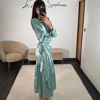 ROBE SATIN FLOWER VERT D'EAU ZANYA - La Petite Somptueuse