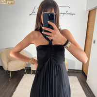 ROBE SATIN NOIRE GLORIA - La Petite Somptueuse