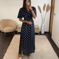 ROBE SATIN POIS BLEU MARINE ALMA - La Petite Somptueuse
