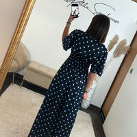 ROBE SATIN POIS BLEU MARINE ALMA - La Petite Somptueuse