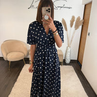 ROBE SATIN POIS BLEU MARINE ALMA - La Petite Somptueuse