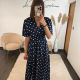 ROBE SATIN POIS BLEU MARINE ALMA - La Petite Somptueuse