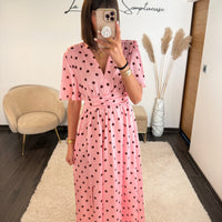 ROBE SATIN POIS ROSE ALMA - La Petite Somptueuse