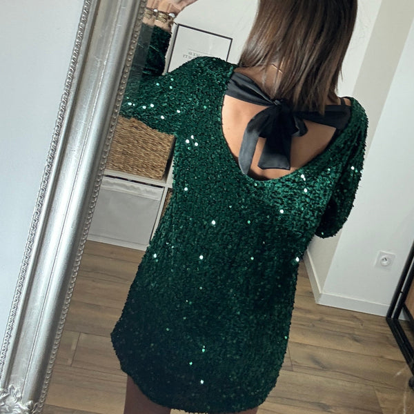 ROBE SEQUINS NOEUD VERT LAURE - La Petite Somptueuse