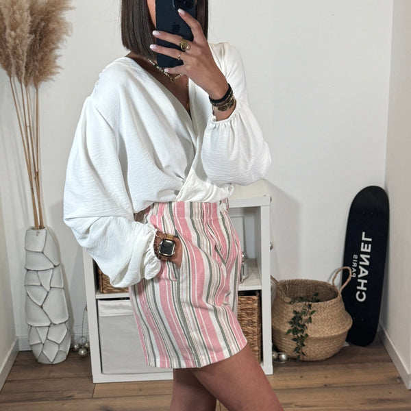 SHORT EN COTON RAYE BLANC ET ROSE - La Petite Somptueuse