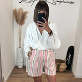 SHORT EN COTON RAYE BLANC ET ROSE - La Petite Somptueuse