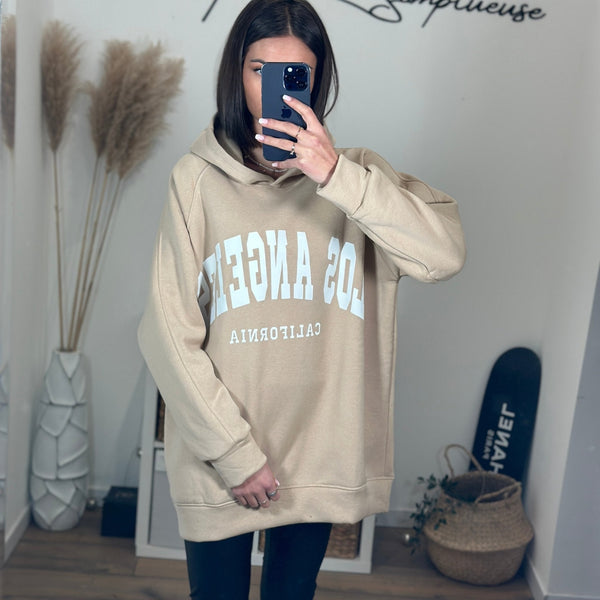 SWEAT A CAPUCHE LOS ANGELES BEIGE - La Petite Somptueuse