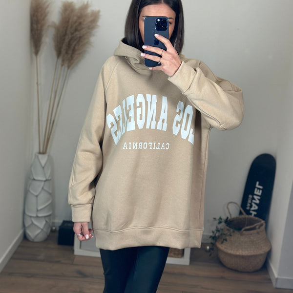 SWEAT A CAPUCHE LOS ANGELES BEIGE - La Petite Somptueuse