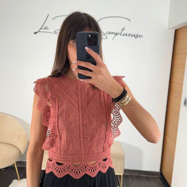 TOP BRODERIE VIEUX ROSE LEONIE - La Petite Somptueuse