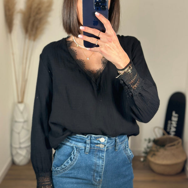 BLOUSE NOIRE GAZ DE COTON - La Petite Somptueuse