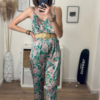 COMBINAISON PANTALON SATINÉE VERTE ELINA - La Petite Somptueuse