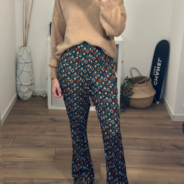 PANTALON IMPRIME BLEU ET CORAIL OLGA - La Petite Somptueuse