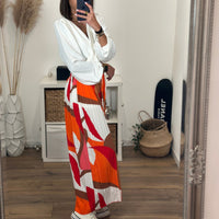 PANTALON PLISSE ORANGE ET CAMEL NELLY - La Petite Somptueuse