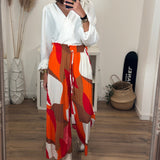 PANTALON PLISSE ORANGE ET CAMEL NELLY - La Petite Somptueuse